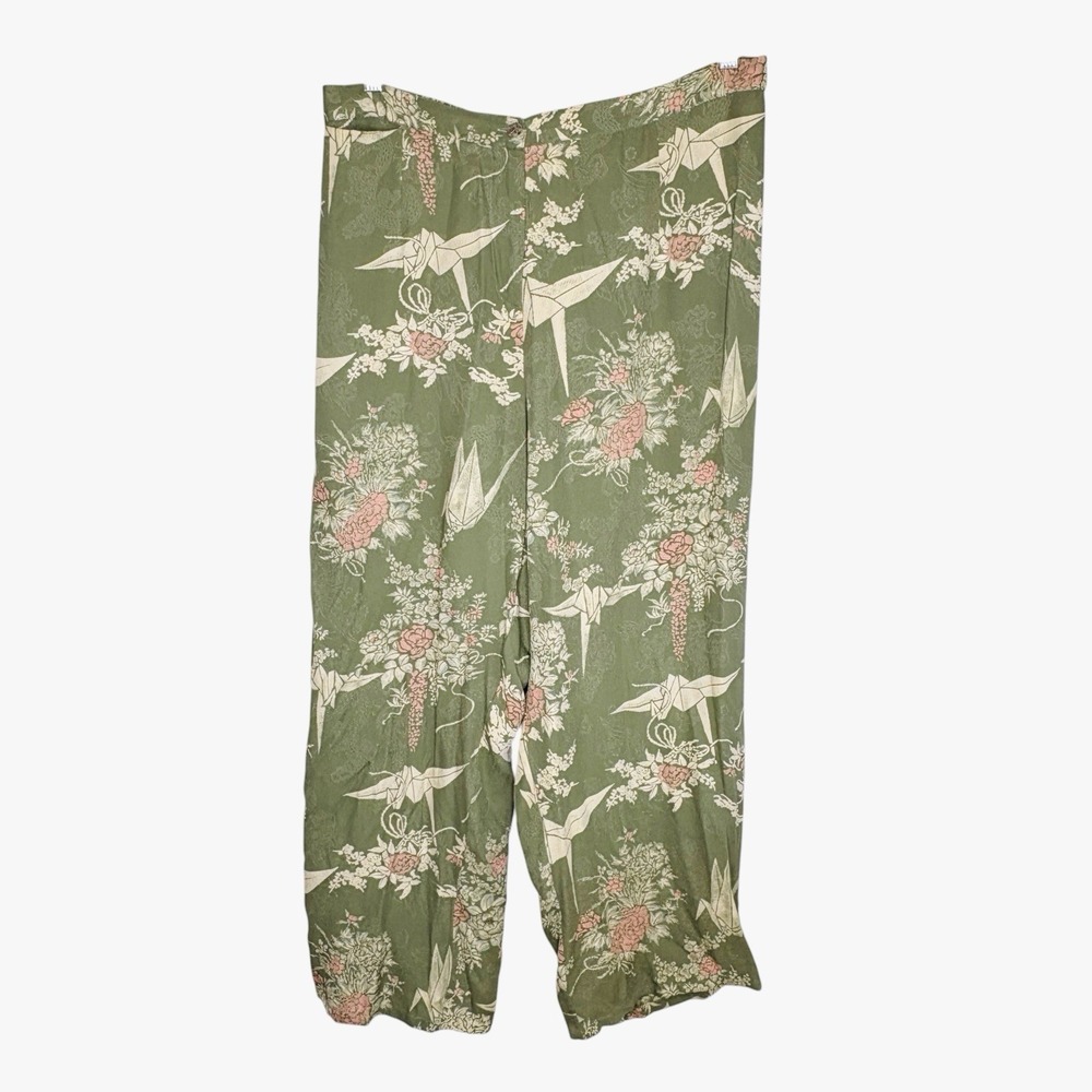 Citron Santa Monica Origami Crane Silk Pants 1X Art Floral Lagenlook Wide Leg